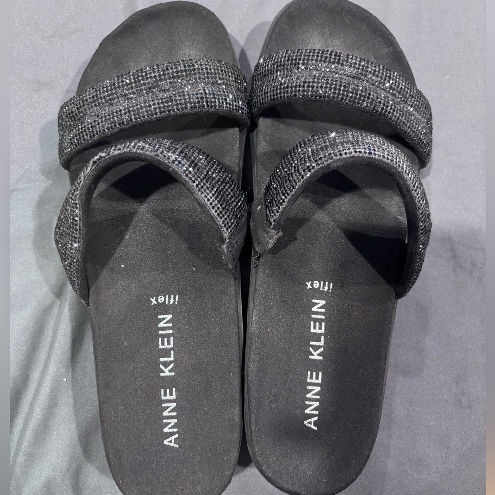 Anne Klein Glittery Black wedge  Slide Sandals EUC, only worn couple times